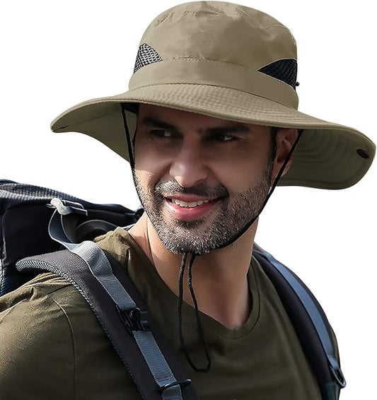 Men's Sun Hat Outdoor UPF50+ Mesh Wide Brim Bucket Safari Cap Foldable Waterproof Boonie Fishing Hats
