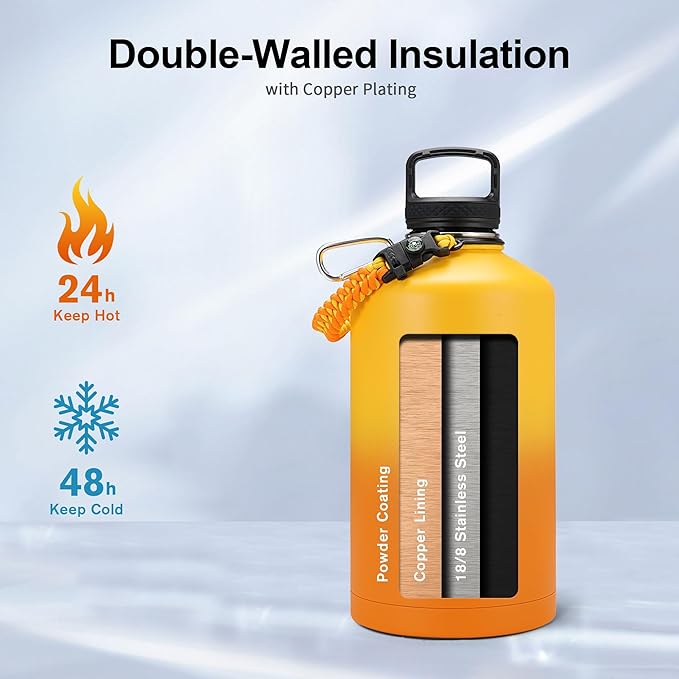 Trebo 128 oz 1 Gallon Water Bottle Insulated with Paracord Handle and Straw,Vacuum Stainless Steel Large Water Jug Keep Cold 48 Hours,Water Flask with 3 Lids for Men Women Sports,Gym, Orange