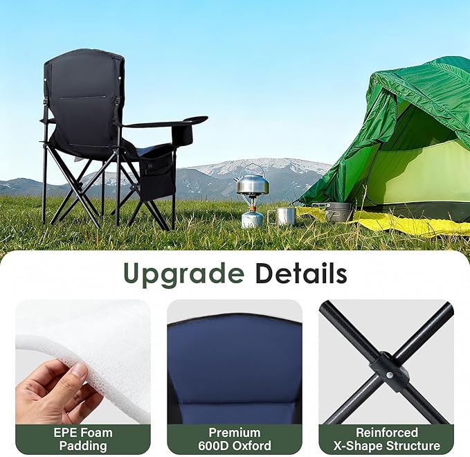 Homcosan Heated Camping Chair for Adults, Portable Outdoor Chairs with 3 Heat Levels, Oversized Foldable Lawn Chairs Without Power Bank, Perfect for Camping, Outdoor Sports, Picnics, Fishing (Blue)