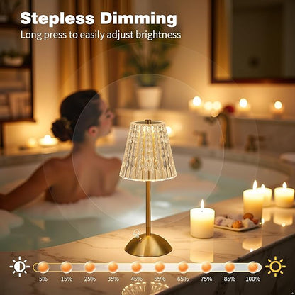 Cordless Table Lamp with Touch Control - 3000mAh Rechargeable, Small Crystal 3-Color Dimmable Ambient Light for Dining Table, Bedside, Kitchen, Entryway, Bathroom, Restaurant, Gifts