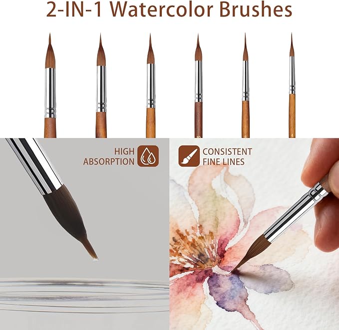 Watercolor Brushes Set,6Pcs Extended Needle Point Brushes Synthetic Extra Long Pinhead Brush with Sable Body Continuous Painting for Watercolor Acrylic Gouache Inks Painting