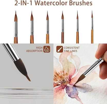 Watercolor Brushes Set,6Pcs Extended Needle Point Brushes Synthetic Extra Long Pinhead Brush with Sable Body Continuous Painting for Watercolor Acrylic Gouache Inks Painting