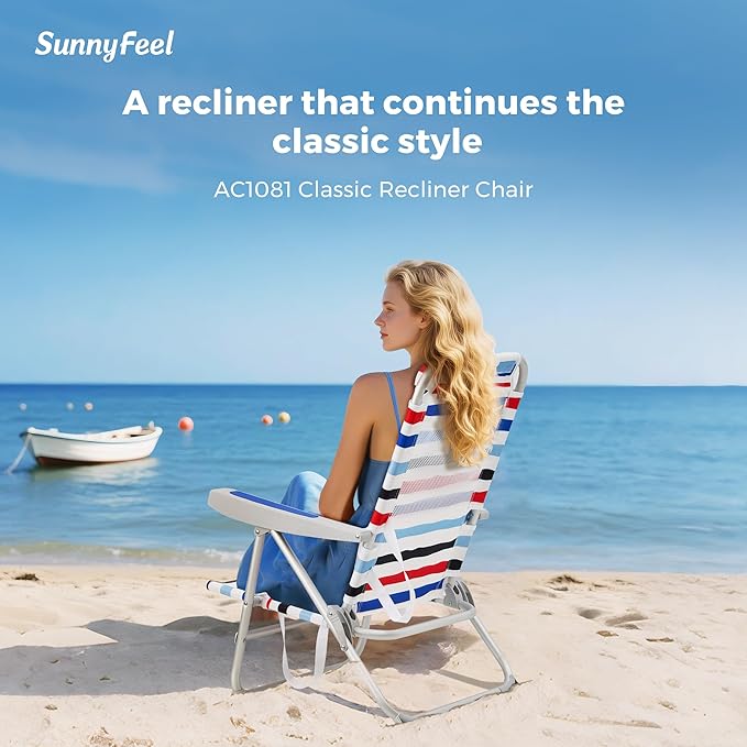 SUNNYFEEL Portable Beach Chair, Folding Low Back Beach Chair, Lightweight Camp Chair with Reclining Position, Backpack Lounger for Beach, Camping, Lawn, Outdoor, Red Blue White Striped