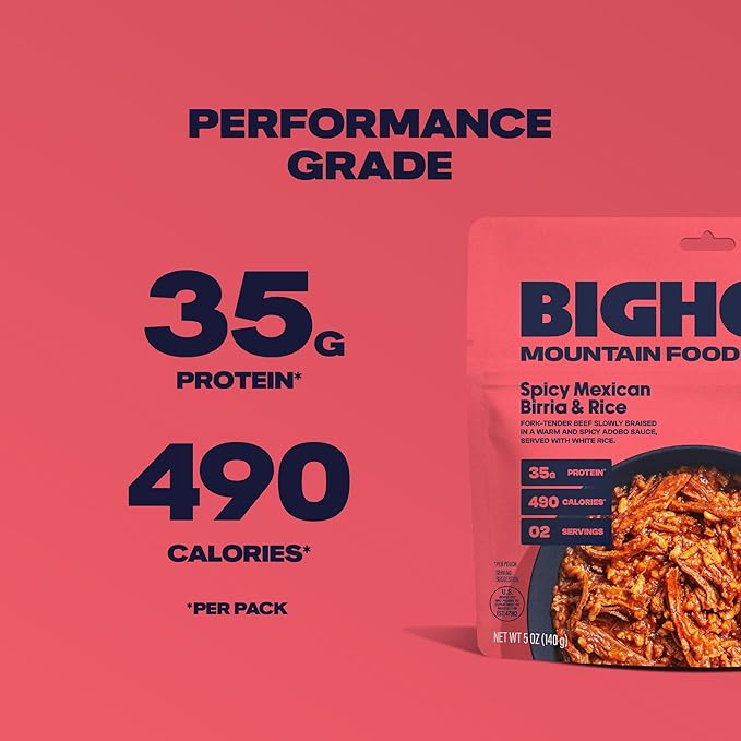 BIGHORN Mountain Food Spicy Mexican Birria and Rice - contains 4 packs | 8 servings | 140g Protein | 1,960 Calories - premium freeze dried meals for backpacking food - dehydrated camping food for backpacking meal - just add water - great taste