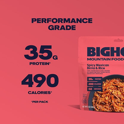 BIGHORN Mountain Food Spicy Mexican Birria and Rice - contains 4 packs | 8 servings | 140g Protein | 1,960 Calories - premium freeze dried meals for backpacking food - dehydrated camping food for backpacking meal - just add water - great taste