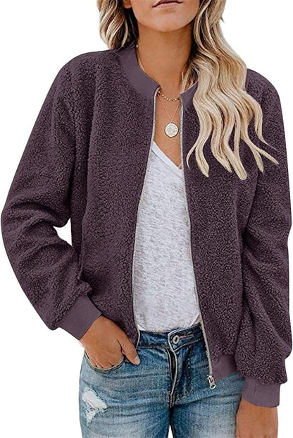 MIROL Women's Fall Trendy Fleece Jacket Faux Sherpa Fuzzy Casual Long Sleeve Zip Up Loose Fit Bomber Winter Coat