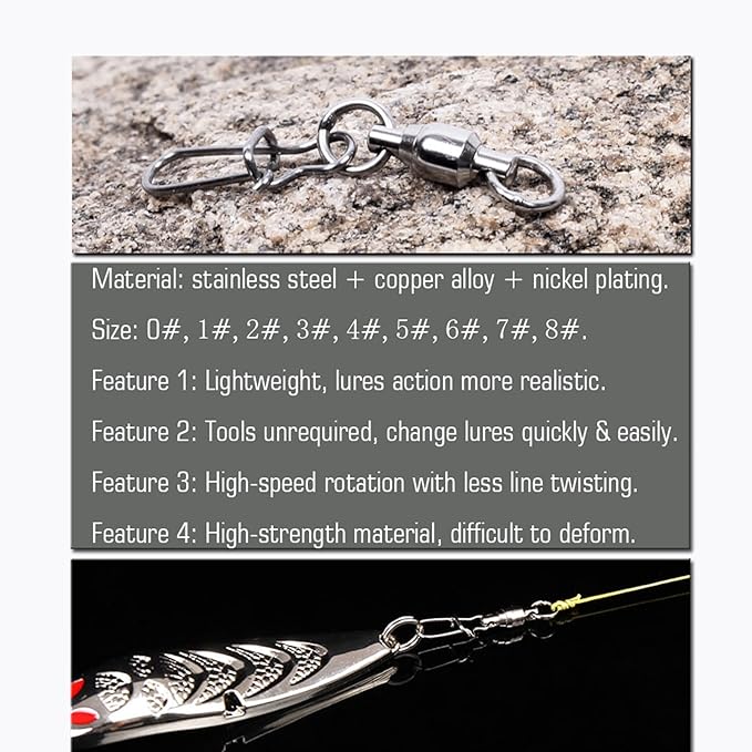 AMYSPORTS Duo Lock Snap Fishing Swivels Stainless Barrel Swivels Fishing Lure Snap Swivels Ball Bearing Swivels Fishing Tackle for Saltwater Fishing Freshwater Fishing