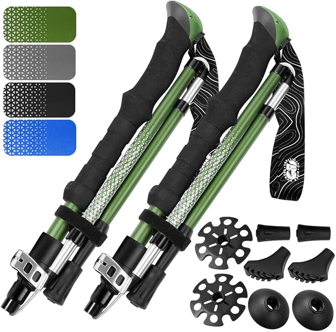 Premium Foldable Hiking Poles by USA Brand - Adjustable, Lightweight Trekking Poles Made of Aircraft Aluminum, Metal Flip Locks & Comfortable Real Cork and EVA Foam Grips