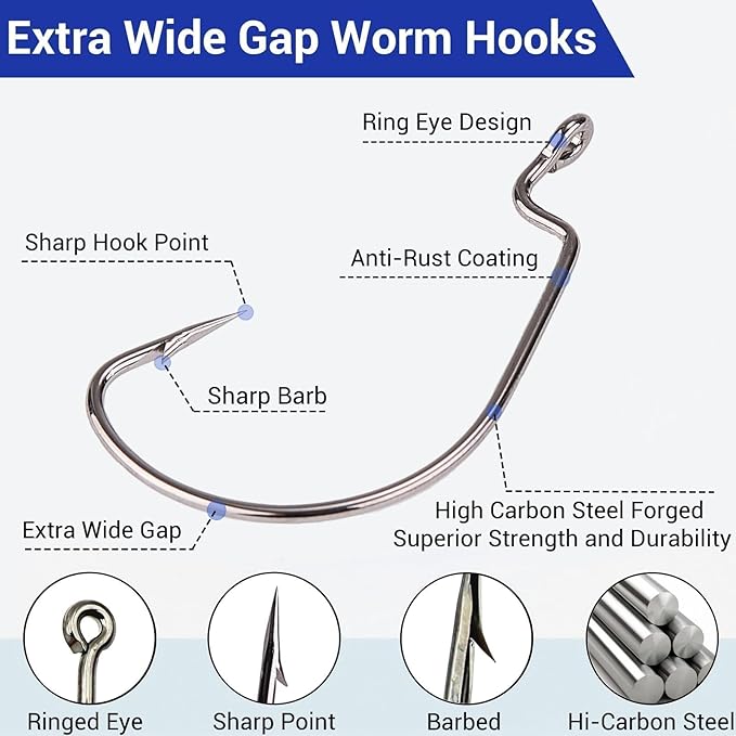 120Pcs Bass Hooks Set, Strong Offset Bass Fishing Hooks Freshwater Barbed Sharp Worm Hooks for Texas Rigging Fishing Extra Wide Gap 6 Sizes Assorted #1 1/0 2/0 3/0 4/0 5/0