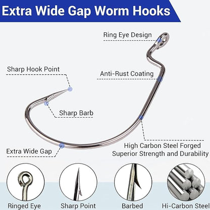 120Pcs Bass Hooks Set, Strong Offset Bass Fishing Hooks Freshwater Barbed Sharp Worm Hooks for Texas Rigging Fishing Extra Wide Gap 6 Sizes Assorted #1 1/0 2/0 3/0 4/0 5/0