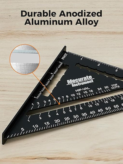 Mecurate 7 Inch Heavy-Duty Aluminum Alloy Triangle Rafter Square, Durable Carpenter's Layout Tool with Easy-to-Read Scales for Angle Measurement, Marking & Cutting Guide