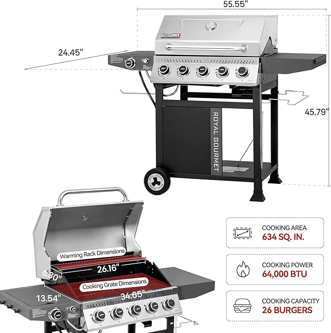 Royal Gourmet GA5406TS 5 Burner Propane Gas Grill with Side Burner and Sear Burner, Cart Style Gas BBQ Grill with Porcelain-Enameled Cast Iron Grates for Backyard Cooking, Silver & Black