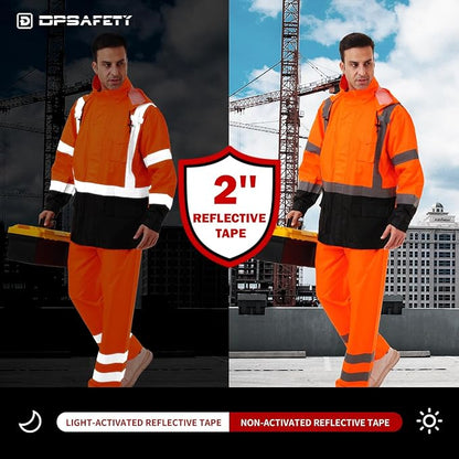 Hi Vis Safety rain Jacket，Reflective Class 3 Rain coat with Inner Mesh Lining and Pockets High Visibility Waterproof work Rain Suits for men&women（Tangerine,2XL/3XL）