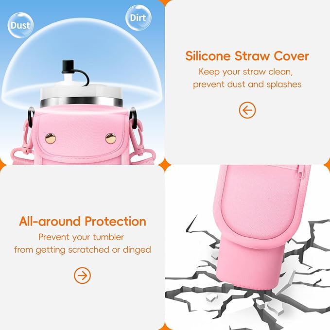 Water Bottle Carrier Bag with Phone Pocket for Stanley 40/30 oz Tumbler Neoprene Insulated Mug Sleeve Pouch with 2 Pockets & Adjustable Strap & Straw Cover for Stanley Cup Accessories