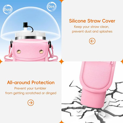 Water Bottle Carrier Bag with Phone Pocket for Stanley 40/30 oz Tumbler Neoprene Insulated Mug Sleeve Pouch with 2 Pockets & Adjustable Strap & Straw Cover for Stanley Cup Accessories