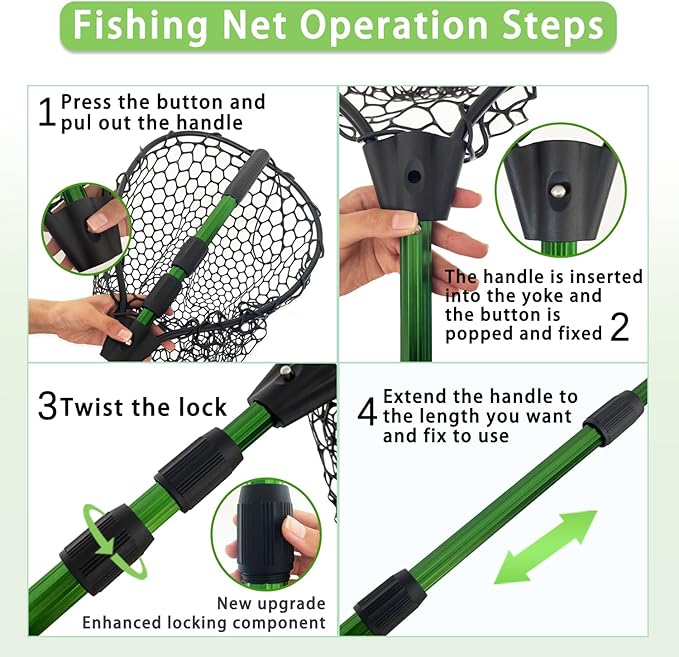 Telescoping Metal Lock Fishing Net with Handle Red Green 64" 52" 3-Section Rubber Fish Net - Adjustable Length Lightweight Foldable Large Big Collapsible Extendable Fishing Net