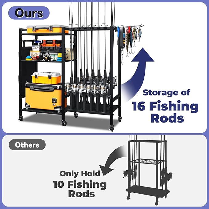 TC-HOMENY 16-Rod Fishing Rod Holder for Garage, Fishing Pole Rack Cart Fit All Fishing Rods, 3 Tier Fishing Tackle Storage Organizer Rack with Storage Bag, For Living Room