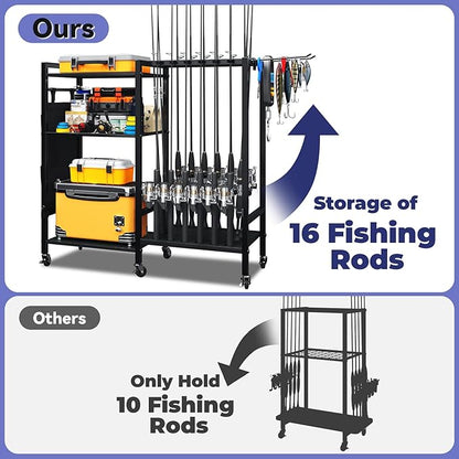 TC-HOMENY 16-Rod Fishing Rod Holder for Garage, Fishing Pole Rack Cart Fit All Fishing Rods, 3 Tier Fishing Tackle Storage Organizer Rack with Storage Bag, For Living Room