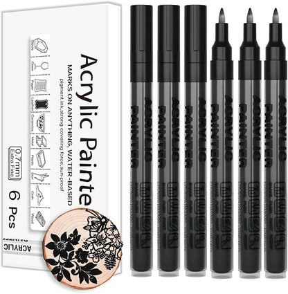 Acrylic Paint Pens Waterproof Markers 6 Black Permanent Marker Pens Acrylic Pens for Rock Painting Glass Stone Ceramic Metal Fabric Pebble Painting pens Craft Supplies
