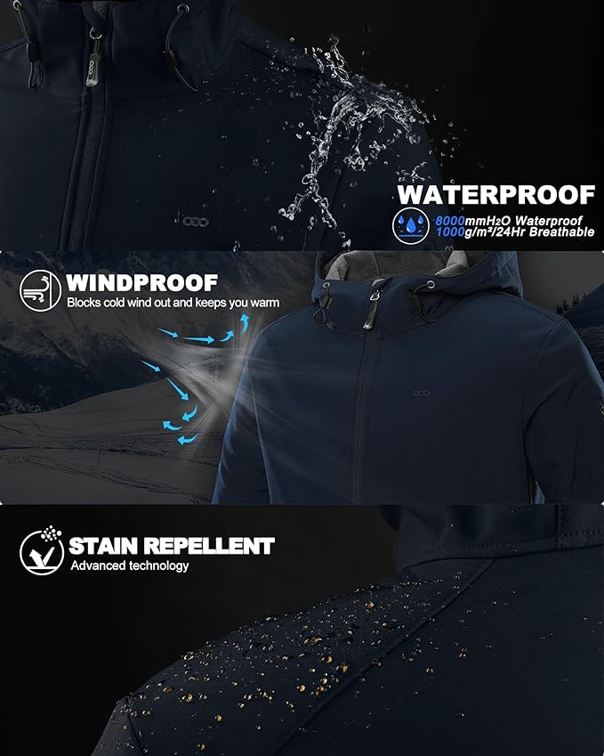 33,000ft Men's Hooded Softshell Jacket Waterproof Lightweight Insulated Windbreaker Fleece Lined Rain Shell Jacket