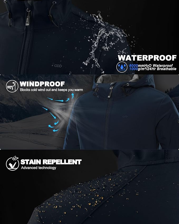 33,000ft Men's Hooded Softshell Jacket Waterproof Lightweight Insulated Windbreaker Fleece Lined Rain Shell Jacket