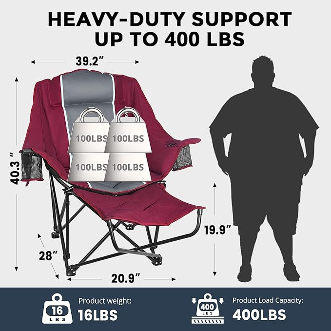 Camping Chair with Removable Footrest, Oversized Outdoor Chair with Headrest & Cup Holders, 400lb Capacity Lawn Chair for Sports Backyard Fishing