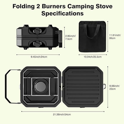 Camping Stove Portable Propane Camp Stove with Independently Adjustable Heat & Carry Bag, Foldable Gas Stove with 2 Burners for Outdoor Cooking,Tailgating & Backyard Gathering,BBQ (Black)