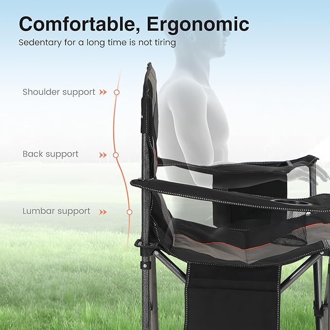 HIGH POINT SPORTS Oversized Portable Camping Folding Chair, Heavy Duty Foldable Outdoor Chair, Camp Chair with Cup Holder and Cooler Bag Support 450 LBS, Black…