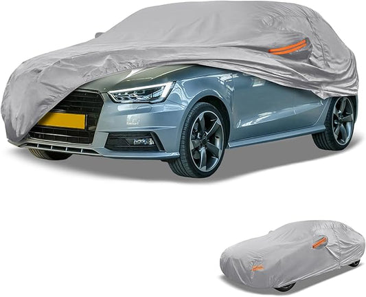 Universal Car Cover Waterproof All Weather 190T-PU, UV Sun Rain Protection, Fits for Sedan Length Up to 177", with Left Side Zipper, Silver Tone