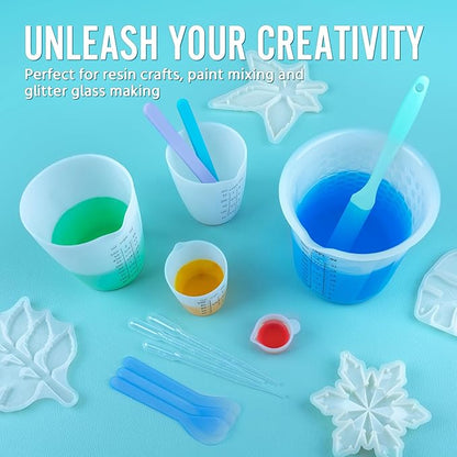Silicone Resin Mixing 1L Measuring Cup Set for Resin Supplies, Easy-to-Read Marks, 1000ml/32oz Large Cup, 500&250&100ml Thickened Reusable Silicone Cups for Epoxy Mixing, Jewelry Making