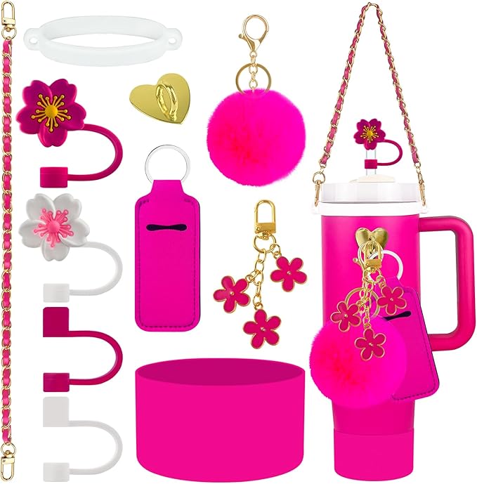 Velaco 11 PCS Accessories for Stanley Cup, Water Bottle Handle Strap for Stanley 30/40 oz tumbler with handle, including Straw Toppers, Silicone Cup Boot, Keychain Charms - ROSE