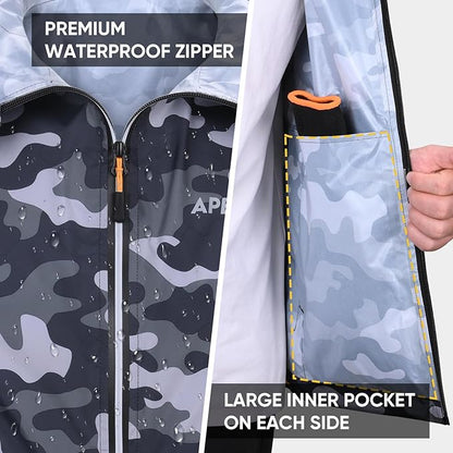 APEXUP Packable Rain Jacket Men with Reflective Zipper, Lightweight Waterproof Raincoat, Mens Rain Jacket for Outdoor Sports