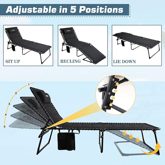 Oversized Padded Outdoor Folding Lounge Chair for Adults 330Ibs Patio Chaise Lounge Chair for Outside 5-Position Adjustable Reclining Beach Chair with Pillow Pocket
