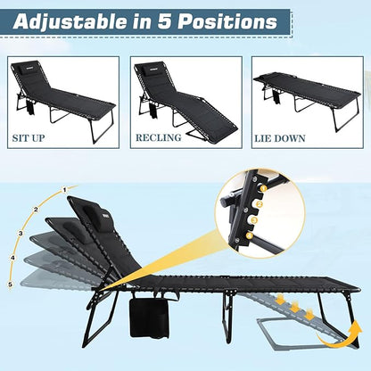 Oversized Padded Outdoor Folding Lounge Chair for Adults 330Ibs Patio Chaise Lounge Chair for Outside 5-Position Adjustable Reclining Beach Chair with Pillow Pocket