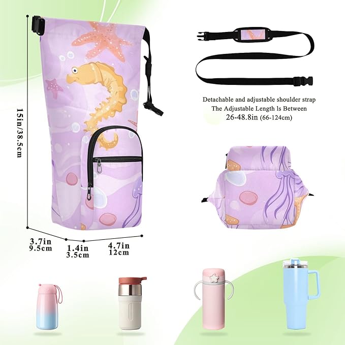 Purple Seahorse Jellyfish Starfish 01 Water Bottle Holder with Strap Insulated Water Bottle Carrier Crossbody Bags Pouch with Phone Pocket for Travel Gym Hiking Walking Running