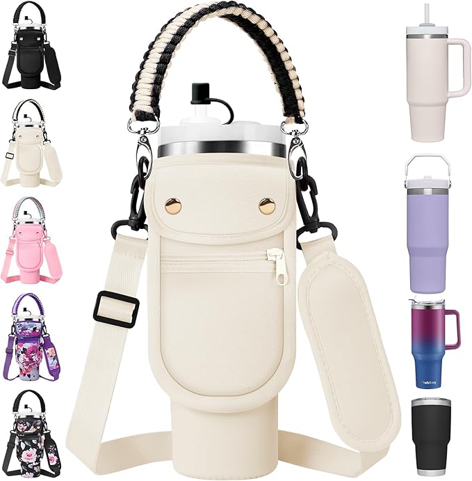 Water Bottle Carrier Bag with Phone Pocket for Stanley 40/30 oz Tumbler Neoprene Insulated Mug Sleeve Pouch with 2 Pockets & Adjustable Strap & Straw Cover for Stanley Cup Accessories