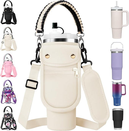 Water Bottle Carrier Bag with Phone Pocket for Stanley 40/30 oz Tumbler Neoprene Insulated Mug Sleeve Pouch with 2 Pockets & Adjustable Strap & Straw Cover for Stanley Cup Accessories