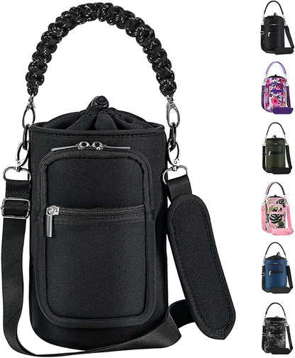 32/40/64/128 oz Neoprene Insulated Water Bottle Carrier Bag, Sling Bag Sleeve Pouch Holder with Strap & Paracord Handle and 2 Pocket for Travelling, Hiking, Camping