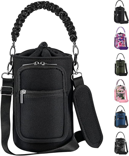 32/40/64/128 oz Neoprene Insulated Water Bottle Carrier Bag, Sling Bag Sleeve Pouch Holder with Strap & Paracord Handle and 2 Pocket for Travelling, Hiking, Camping