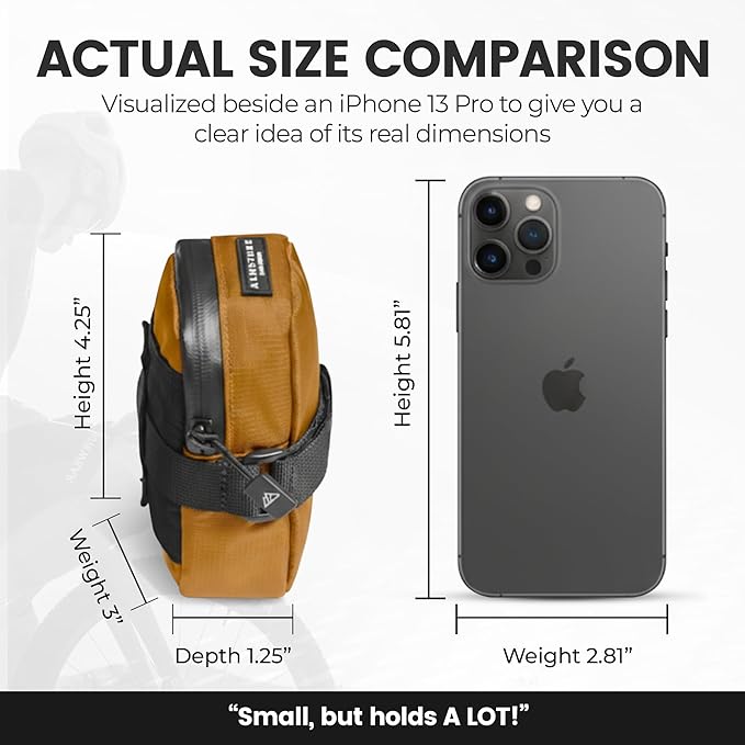 ALMSTHRE Compact Bike Saddle Bag – Midnight Black (Small) | 0.3L Bike Seat Bag (3" x 4.25" x 1.25") | Water-Resistant Ripstop, Waterproof Zipper, Internal Pocket | Durable Under Seat Storage