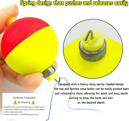 Fishing Bobbers Floats Set Weighted Fishing Bobbers for Fishing, Foam Snap on Float Weighted Bobbers Push Button Spring Fishing Floats Fishing Bobbers Assortment for Catfish