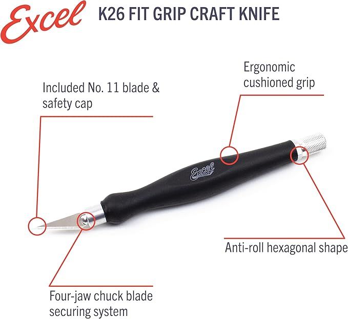 Excel Blades Fit Grip Craft Knife 3-Pack With #11 Ultra-Sharp Carbon Steel Angled Blade – Precision Hobby Knife with Contoured Rubberized Grip for DIY, Art Crafts – Assorted Colors, Made in the USA