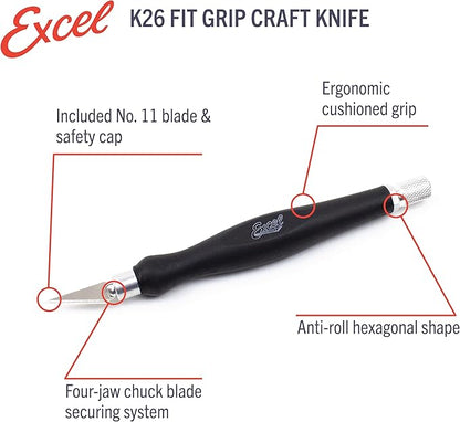 Excel Blades Fit Grip Craft Knife 3-Pack With #11 Ultra-Sharp Carbon Steel Angled Blade – Precision Hobby Knife with Contoured Rubberized Grip for DIY, Art Crafts – Assorted Colors, Made in the USA