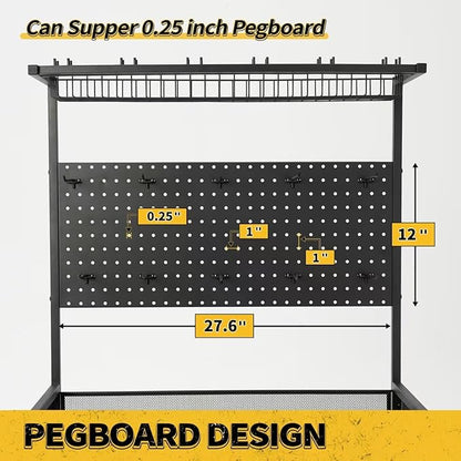 SOYEEZE Large Size Fishing Rod Holders for Garage, Heavy Duty 4-Tier Fishing Pole Rack Holds up to 12 Rods with Pegboard and Hooks, Fishing Gear Organizer, Fishing Storage Cart with Lockable Wheels