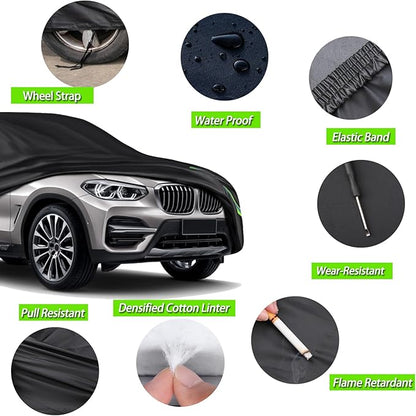 16-Layer 600D Heavy Duty Universal Full Car Cover for Outdoor & Indoor Use - All Weather Sun UV Rain Snow Dust Proof, Waterproof Scratch Resistant, Fits Sedan Body Length 197"-208"/16.4-17.3 ft