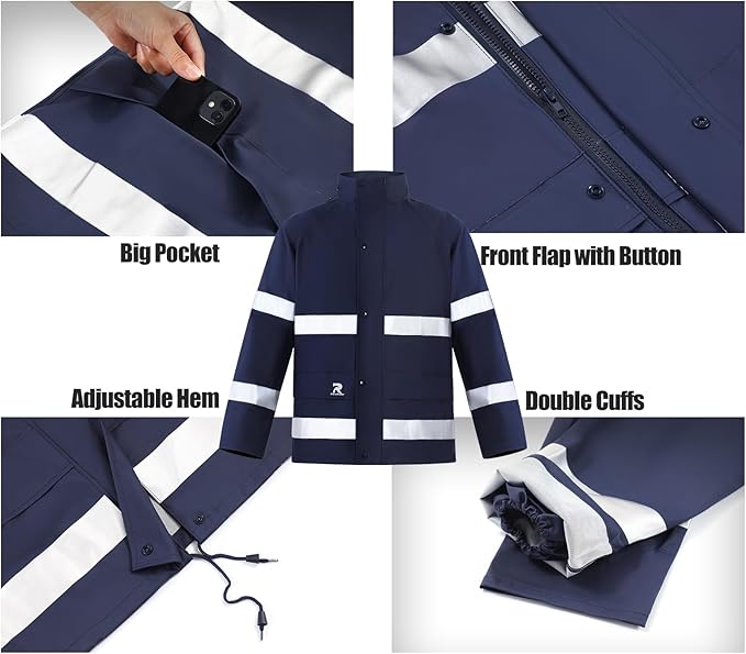 RainRider Rain Suits for Men Women Waterproof Reflective Rain Coat and Bib Pants for Safety Heavy Duty Rain Gear Fishing