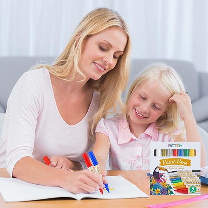 Betem 9 Colors Dual Tip Oil Based Paint Markers Acrylic Paint Pens(0.7mm & 3mm),Permanent,Waterproof,Quick Dry,for Rock Painting,Wood,Plastic,Metal,Canvas,Glass,DIY Crafts,Art Supplies