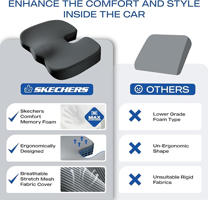 Skechers Memory Foam Seat Cushion,Office Chair Cushion for Tailbone Pain Relief,Butt Pillow for Office Chair,Car seat Cushion,Computer Desk,Long Sitting Office Workers,and Car Drivers,Black