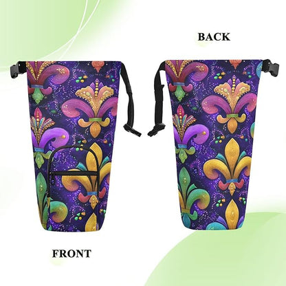 Pik Purple Mardi Gras Pattern Water Bottle Holder with Strap Insulated Water Bottle Carrier Crossbody Bags Pouch with Phone Pocket for Travel Gym Hiking Walking Running