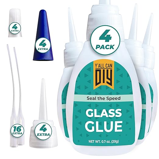 Y’allCanDiy Cyanoacrylate Based Super Glue for Glass 4 Pk x .7 Oz. (20g) – Instant-Bond Adhesive for Glass, Acrylic, Crystal, Mirrors, Jewelry & Crafts – Strong, Precise, Repair for Delicate Surfaces